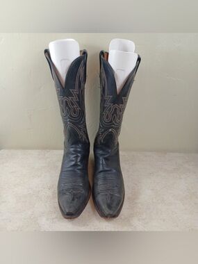 Vintage Dan Post Ostrich Leather Black Cowboy Boots, Size Men's 8.1/2 Pull-On